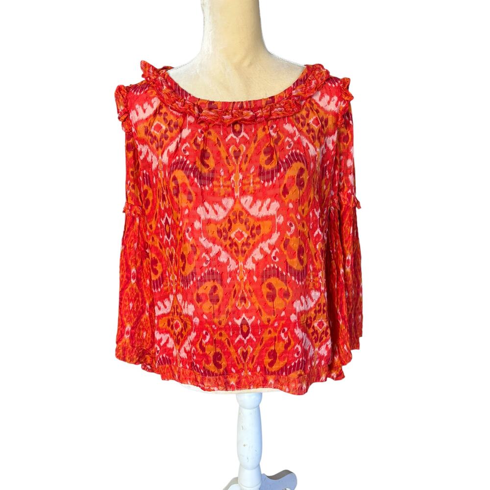 Tory Burch Orange Ikat Ruffle Blouse Top Size 12 Bergdorf Goodman Silk - Picture 2 of 15